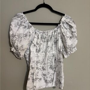Puff Sleeve White and Black Vintage Print Blouse with Smocked Back